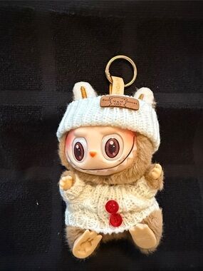 Plush Cat Keychain Toy - Cream & White Cozy Outfit